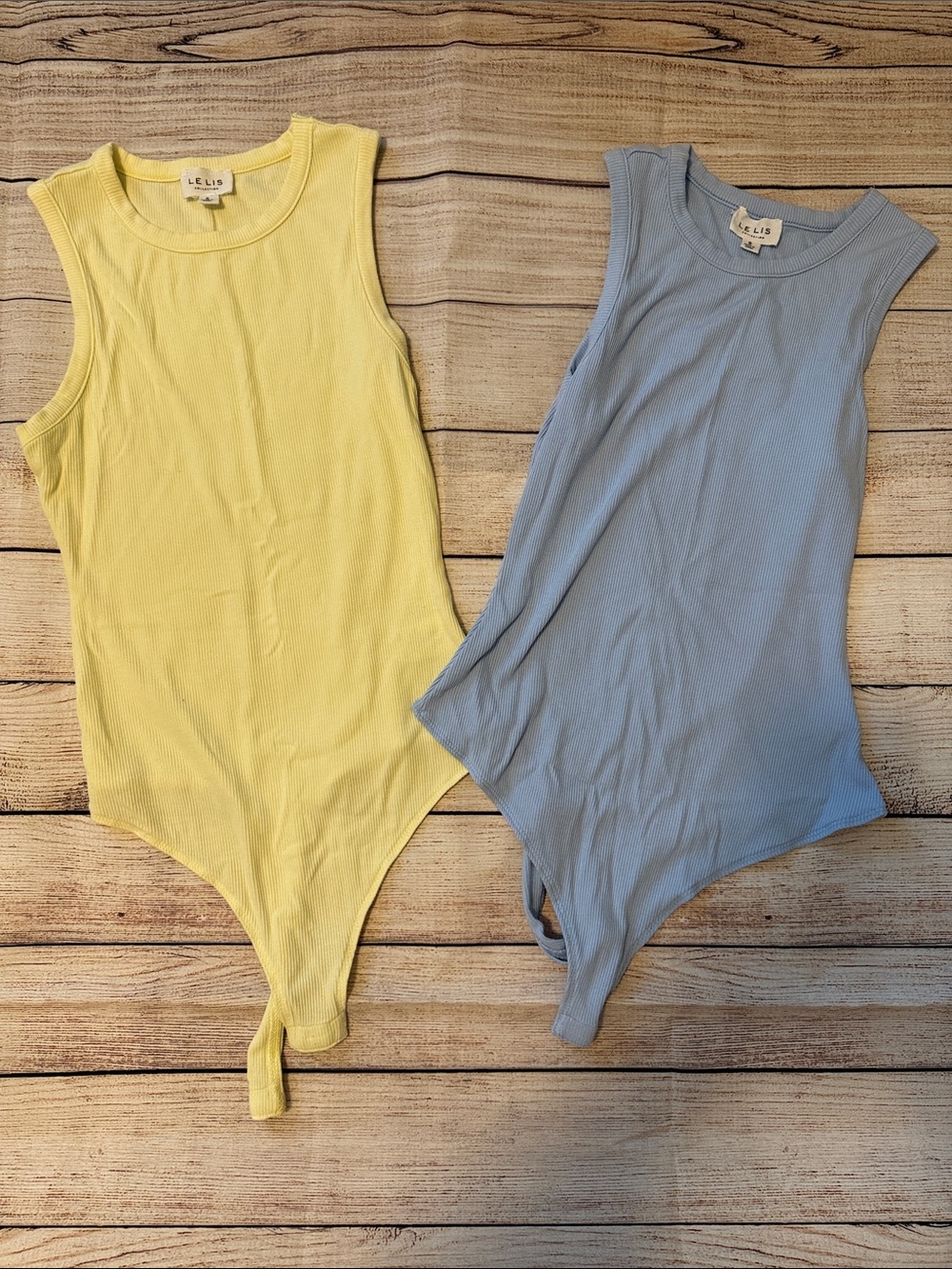 Le Lis Butter Yellow and Light Blue Ribbed Tank One-Piece Bodysuits